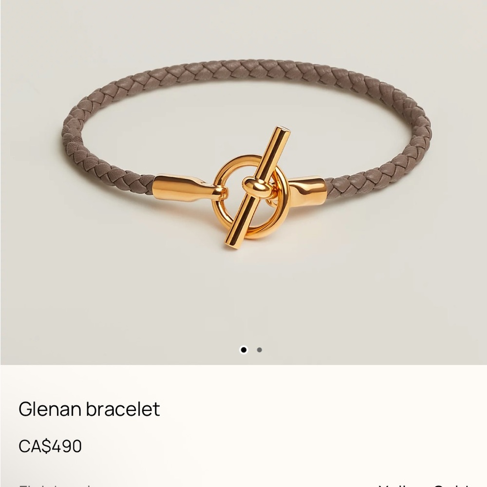 Hermès Braided GLENAN Leather Toggle Bracelet in Taupe with Gold Hardware